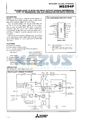 M5294P datasheet - SYSTEM RESET IC WITH LOW INPUT-OUTPUT VOLTAGE DIFFERENTIAL TYPE -5V REGURATOR,AND 3.0V REGULATOR FOR MUTE FUNCTION