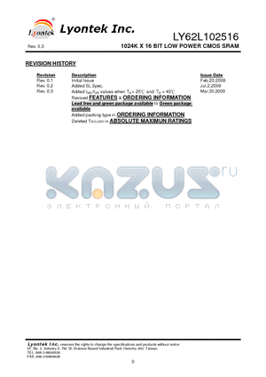 LY62L102516UV datasheet - 1024K X 16 BIT LOW POWER CMOS SRAM