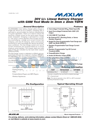 MAX8922L datasheet - 30V Li Linear Battery Charger with GSM Test Mode in 3mm x 2mm TDFN