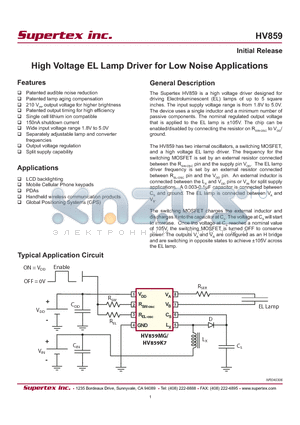 HV859K7-G datasheet - High Voltage EL Lamp Driver for Low Noise Applications
