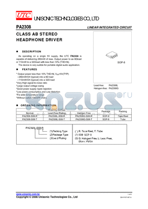 PA2308 datasheet - CLASS AB STEREO HEADPHONE DRIVER