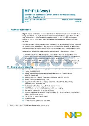 MF1PLUS6011DUD03 datasheet - Mainstream contactless smart card IC for fast and easy solution development