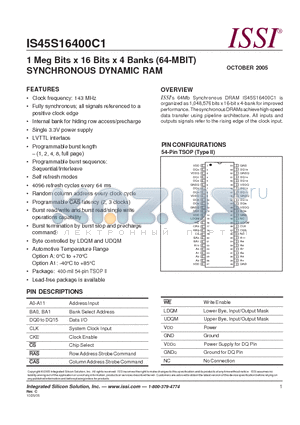 IS45S16400C1-7TA1 datasheet - 1 Meg Bits x 16 Bits x 4 Banks (64-MBIT) SYNCHRONOUS DYNAMIC RAM