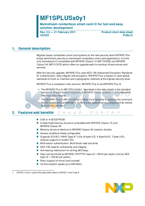 MF1SPLUS6011DA403 datasheet - Mainstream contactless smart card IC for fast and easy solution development