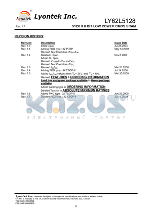 LY62L5128GL datasheet - 512K X 8 BIT LOW POWER CMOS SRAM