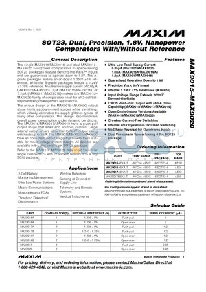 MAX9017AEKA-T datasheet - SOT23, Dual, Precision, 1.8V, Nanopower Comparators With/Without Reference