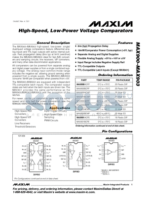 MAX900 datasheet - High-Speed, Low-Power Voltage Comparators