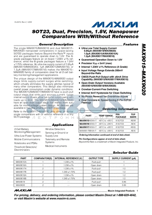 MAX9015AEKA-T datasheet - SOT23, Dual, Precision, 1.8V, Nanopower Comparators With/Without Reference