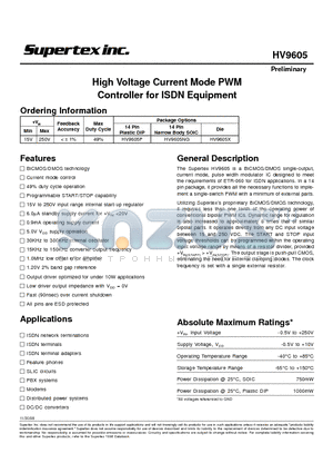 HV9605 datasheet - High Voltage Current Mode PWM Controller for ISDN Equipment