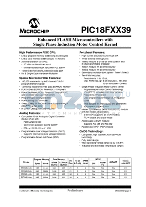 PIC18FXX39 datasheet - Enhanced FLASH Microcontrollers with Single Phase Induction Motor Control Kernel