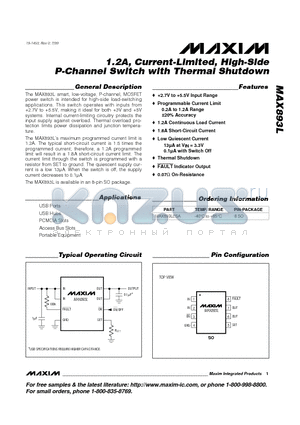 MAX893L datasheet - 1.2A, Current-Limited, High-Side P-Channel Switch with Thermal Shutdown