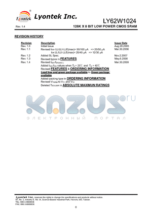 LY62W1024GL datasheet - 128K X 8 BIT LOW POWER CMOS SRAM