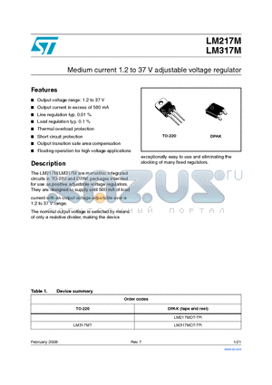 LM317MDT-TR datasheet - Medium current 1.2 to 37 V adjustable voltage regulator