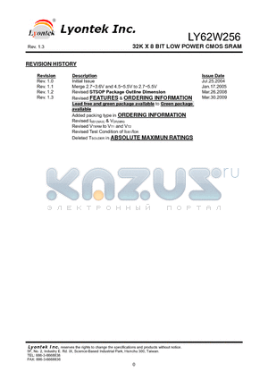 LY62W256SV datasheet - 32K X 8 BIT LOW POWER CMOS SRAM