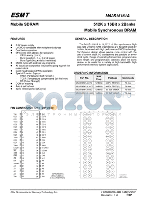 M52S16161A-10TG datasheet - 512K x 16Bit x 2Banks Mobile Synchronous DRAM