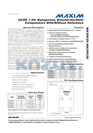 MAX9025 datasheet - UCSP, 1.8V, Nanopower, Beyond-the-Rails Comparators With/Without Reference