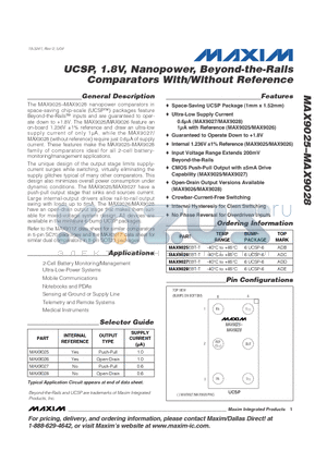 MAX9027EBT-T datasheet - UCSP, 1.8V, Nanopower, Beyond-the-Rails Comparators With/Without Reference