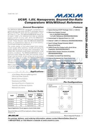 MAX9025 datasheet - UCSP, 1.8V, Nanopower, Beyond-the-Rails Comparators With/Without Reference