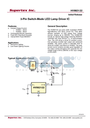 HV9921 datasheet - 3-Pin Switch-Mode LED Lamp Driver IC