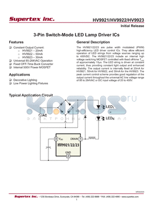 HV9921N3-G datasheet - 3-Pin Switch-Mode LED Lamp Driver ICs