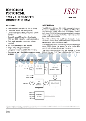 IS61C1024-15H datasheet - 128K x 8 HIGH-SPEED CMOS STATIC RAM