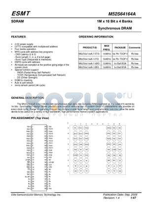 M52S64164A-7.5BG datasheet - 1M x 16 Bit x 4 Banks Synchronous DRAM