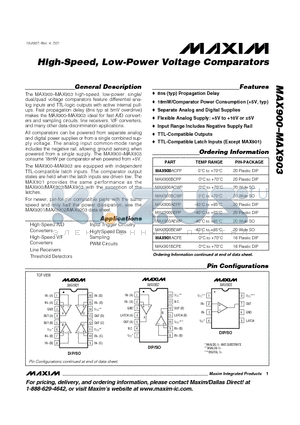 MAX903ESA datasheet - High-Speed, Low-Power Voltage Comparators