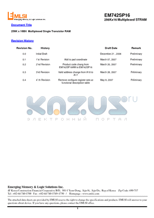 EM742SP16BW-70S datasheet - 256K x 16Bit Multiplexed Single Transistor RAM