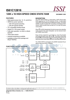 IS61C12816-15T datasheet - 128K x 16 HIGH-SPEED CMOS STATIC RAM