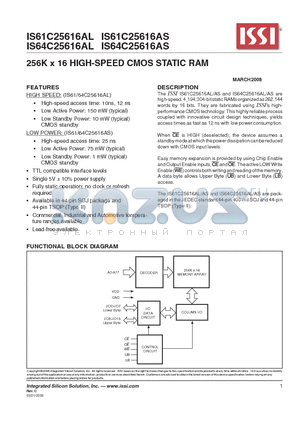 IS61C25616AL-10KI datasheet - 256K x 16 HIGH-SPEED CMOS STATIC RAM