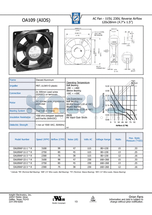 OA109AP-22-1R datasheet - AC Fan - 115V, 230V, Reverse Airflow 120x38mm (4.7x 1.5)