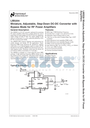 LM3204 datasheet - Miniature, Adjustable, Step-Down DC-DC Converter with Bypass Mode for RF Power Amplifiers