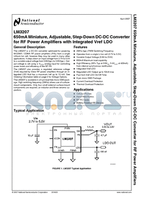LM3207TL datasheet - 650mA Miniature, Adjustable, Step-Down DC-DC Converter for RF Power Amplifiers with Integrated Vref LDO