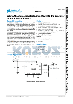 LM3205SD-2 datasheet - 650mA Miniature, Adjustable, Step-Down DC-DC Converter for RF Power Amplifiers