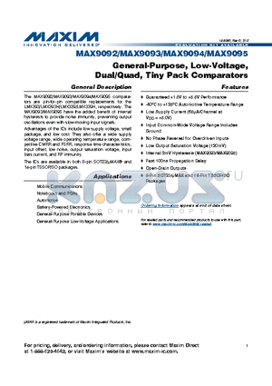 MAX9092 datasheet - General-Purpose, Low-Voltage, Dual/Quad, Tiny Pack Comparators