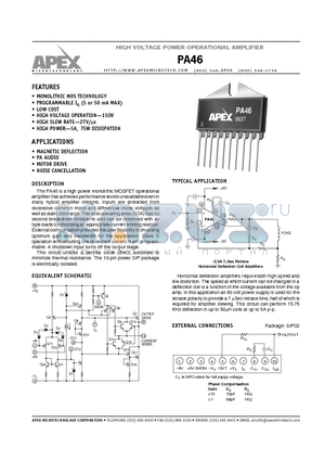 PA46 datasheet - HIGH VOLTAGE POWER OPERATIONAL AMPLIFIER