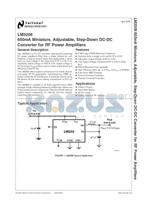 LM3208TLX datasheet - 650mA Miniature, Adjustable, Step-Down DC-DC Converter for RF Power Amplifiers