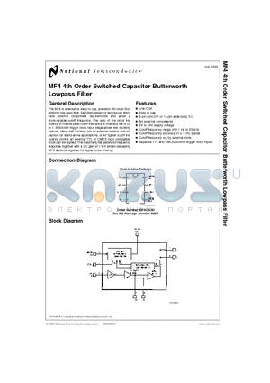 MF4CN-50 datasheet - MF4 4th Order Switched Capacitor Butterworth Lowpass Filter