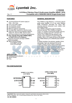 LY8006 datasheet - 1.4 W Mono Filterless Class D Audio power Amplifier (MSOP / DFN) Compatible with LY8890/8891/8891B Single-Ended Input