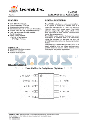 LY8602 datasheet - Dual 2.0W/CH Stereo Audio Amplifier