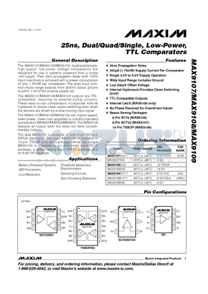 MAX9109 datasheet - 25ns, Dual/Quad/Single, Low-Power, TTL Comparators
