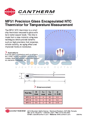 MF514200 datasheet - MF51 Precision Glass Encapsulated NTC Thermistor for Temperature Measurement