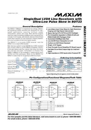 MAX9111 datasheet - Single/Dual LVDS Line Receivers with Ultra-Low Pulse Skew in SOT23