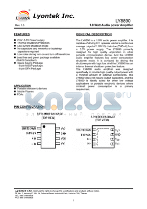 LY8890 datasheet - 1.0 Watt Audio power Amplifier