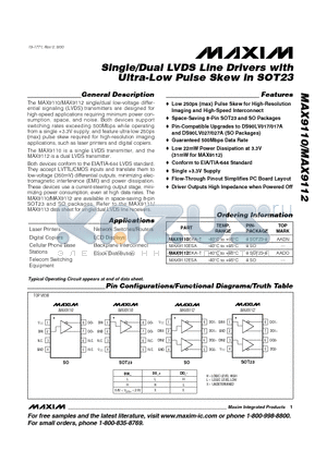 MAX9112EKA-T datasheet - Single/Dual LVDS Line Drivers with Ultra-Low Pulse Skew in SOT23