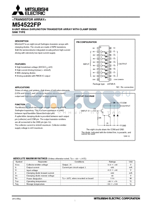M54522FP datasheet - 8-UNIT 400mA DARLINGTON TRANSISTOR ARRAY WITH CLAMP DIODE SINK TYPE