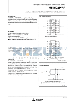 M54522FP datasheet - 8-UNIT 400mA DARLINGTON TRANSISTOR ARRAY WITH CLAMP DIODE