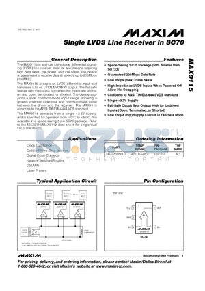 MAX9115EXK-T datasheet - Single LVDS Line Receiver in SC70