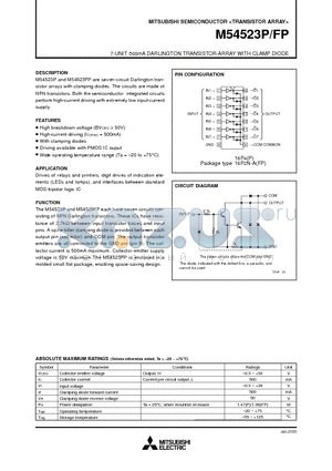 M54523P datasheet - 7-UNIT 500mA DARLINGTON TRANSISTOR-ARRAY WITH CLAMP DIODE