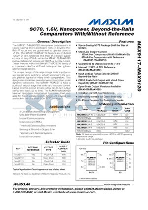 MAX9119EXK datasheet - SC70, 1.6V, Nanopower, Beyond-the-Rails Comparators With/Without Reference
